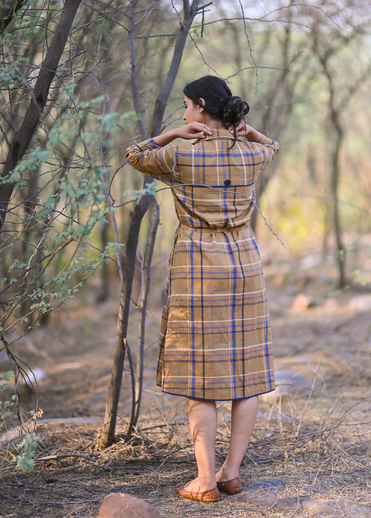 Brooklyn, Hand Woven Cotton Madras Check Trench Shirt Dress - kinchecom