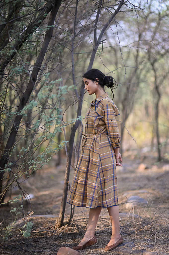 Brooklyn, Hand Woven Cotton Madras Check Trench Shirt Dress - kinchecom