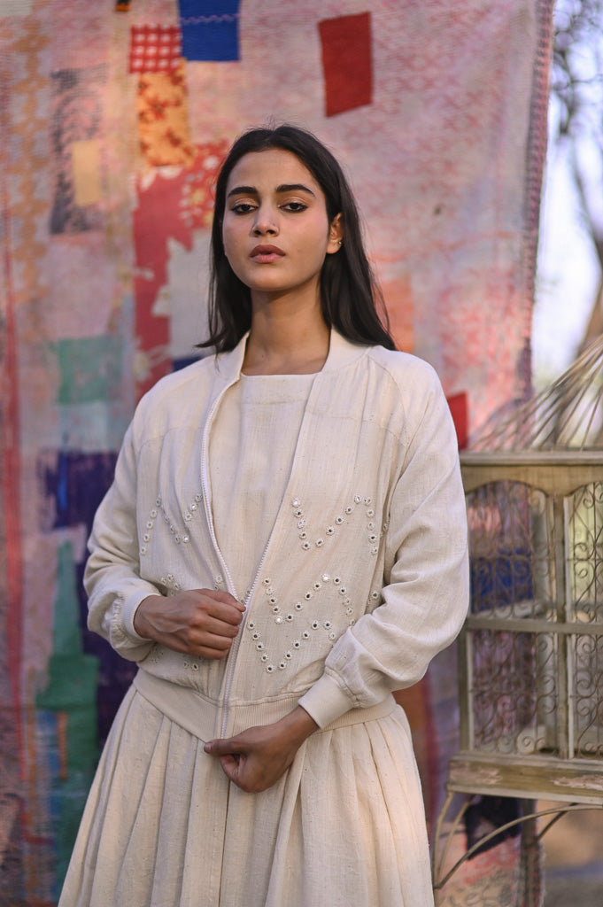 Bombay, Organic Kala Cotton Bomber with Hand Embroidered Mirror Work - kinchecom