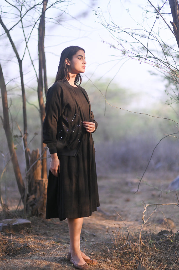 Bombay Black, Organic Kala Cotton Bomber with Hand Embroidered Mirror Work - kinchecom