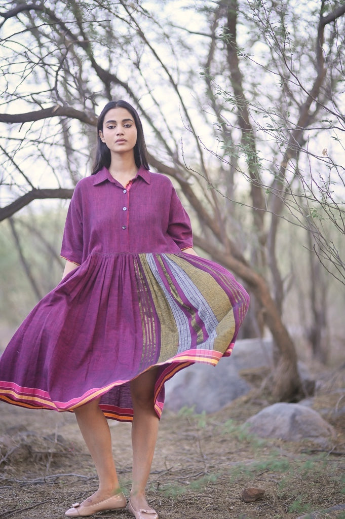 Lisbon, Hand Woven Kala Cotton Dress with Asymmetrical Stripes XL/XXL