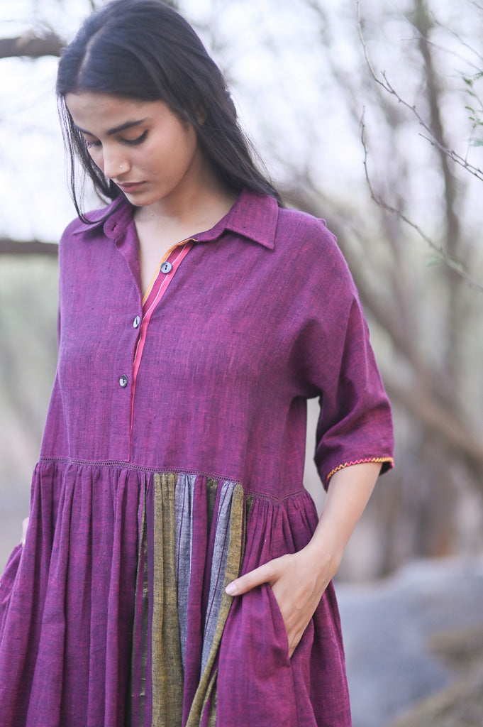 Lisbon, Hand Woven Kala Cotton Dress with Asymmetrical Stripes - kinchecom