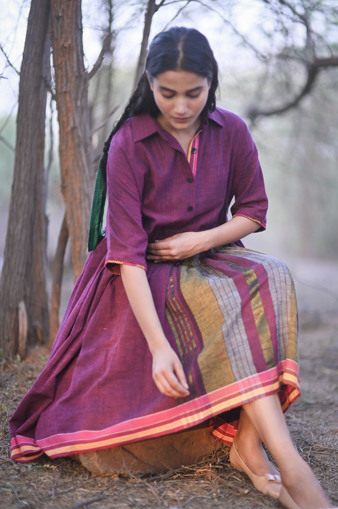 Lisbon, Hand Woven Kala Cotton Dress with Asymmetrical Stripes - kinchecom