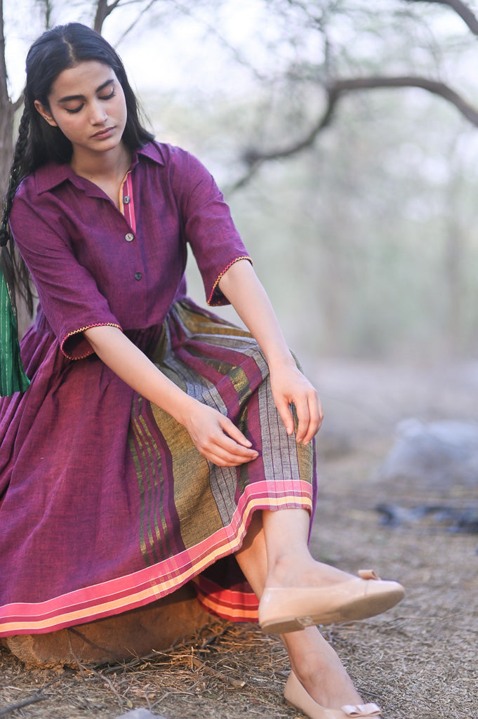 Lisbon, Hand Woven Kala Cotton Dress with Asymmetrical Stripes - kinchecom