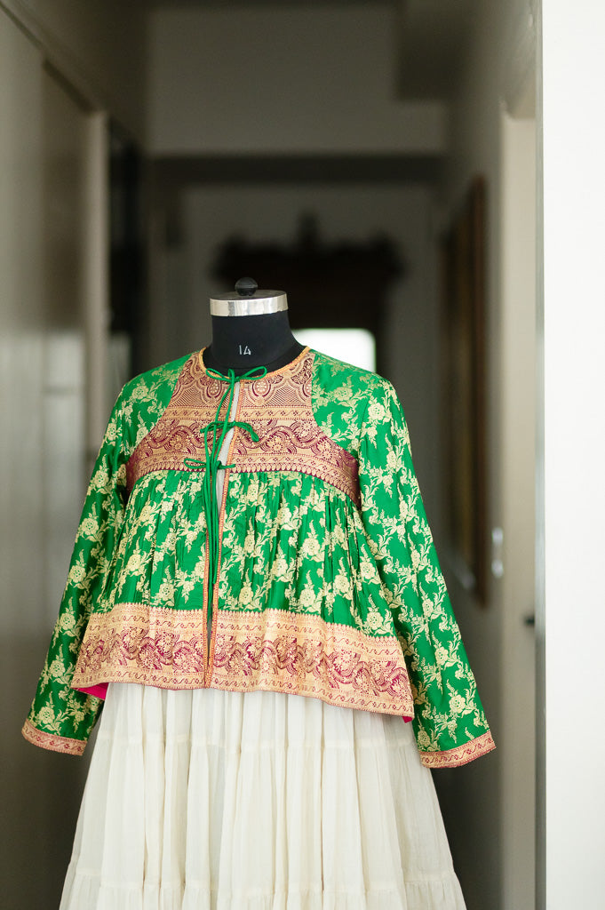 Ekaa, Vintage Zari Saree Katan Silk Kediya in Fuschai and Gold, XX Large