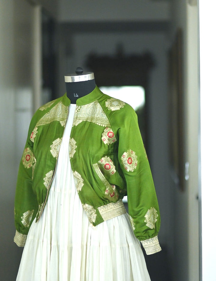 Roohi, Large, Vintage Katan Silk Saree Bomber jacket, kinche *Rare