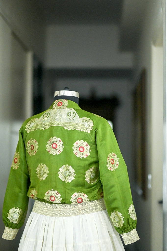 Roohi, Large, Vintage Katan Silk Saree Bomber jacket, kinche *Rare