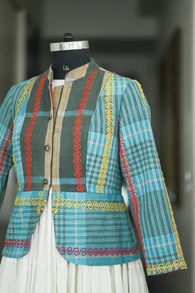 Jane, X Large, Hand Embroidered Vintage Kantha Quilt, Up Cycled in a Short Jacket
