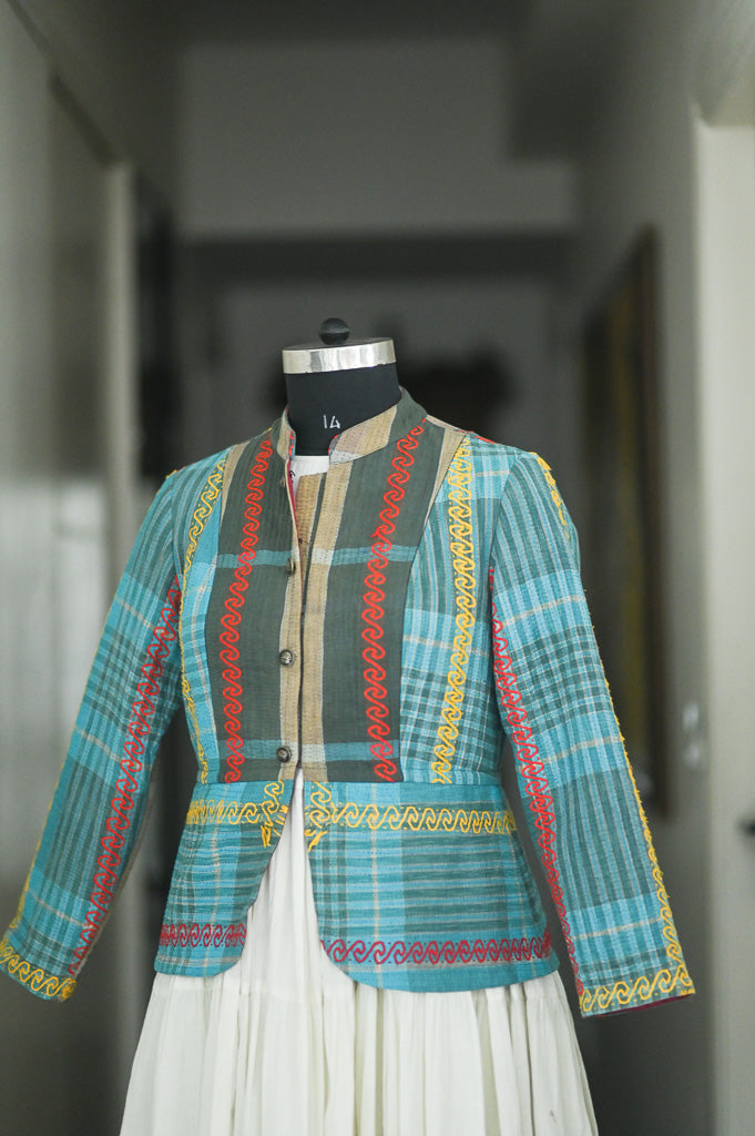 Jane, X Large, Hand Embroidered Vintage Kantha Quilt, Up Cycled in a Short Jacket