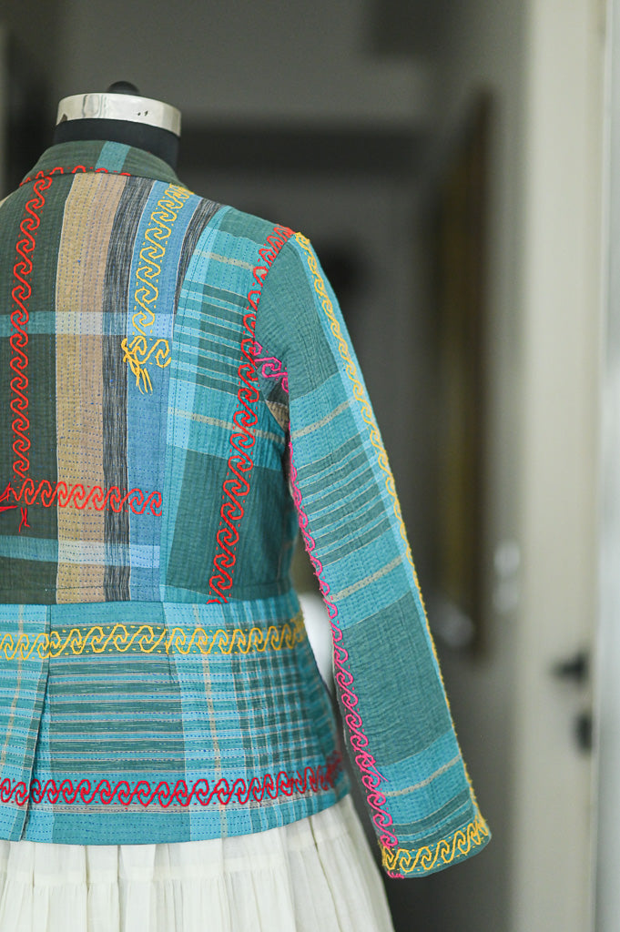 Jane, X Large, Hand Embroidered Vintage Kantha Quilt, Up Cycled in a Short Jacket