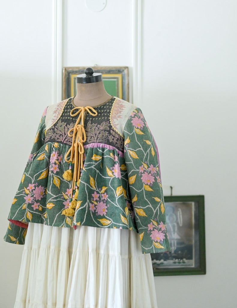 Yemen, Vintage Kantha, Flared Boho Jacket with Vintage Embroidery, XL