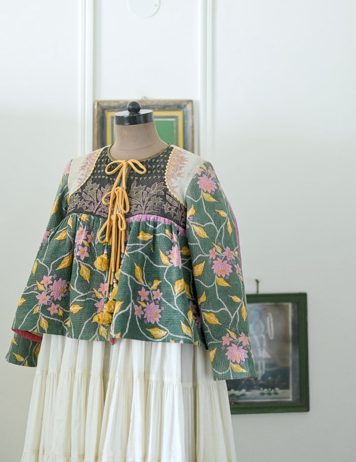 Yemen, Vintage Kantha, Flared Boho Jacket with Vintage Embroidery, XL