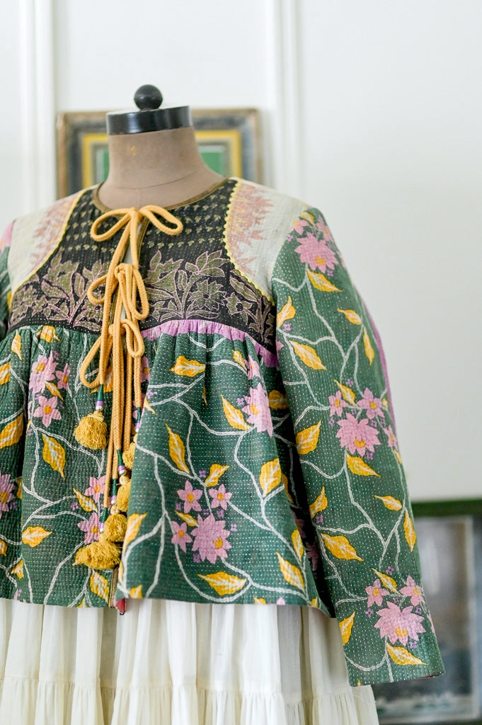 Yemen, Vintage Kantha, Flared Boho Jacket with Vintage Embroidery, XL