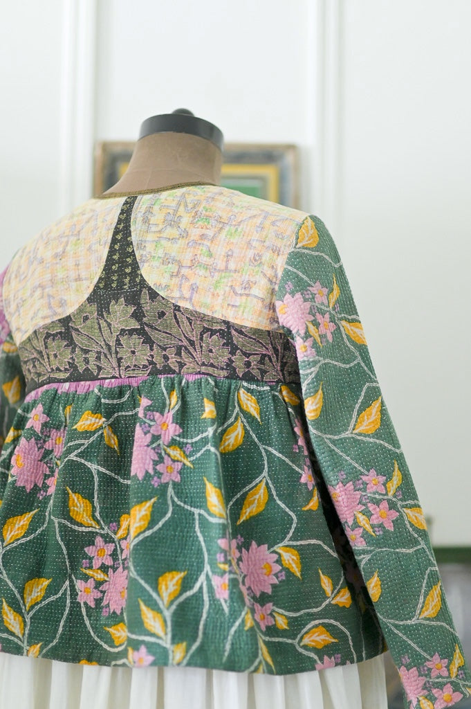 Yemen, Vintage Kantha, Flared Boho Jacket with Vintage Embroidery, XL