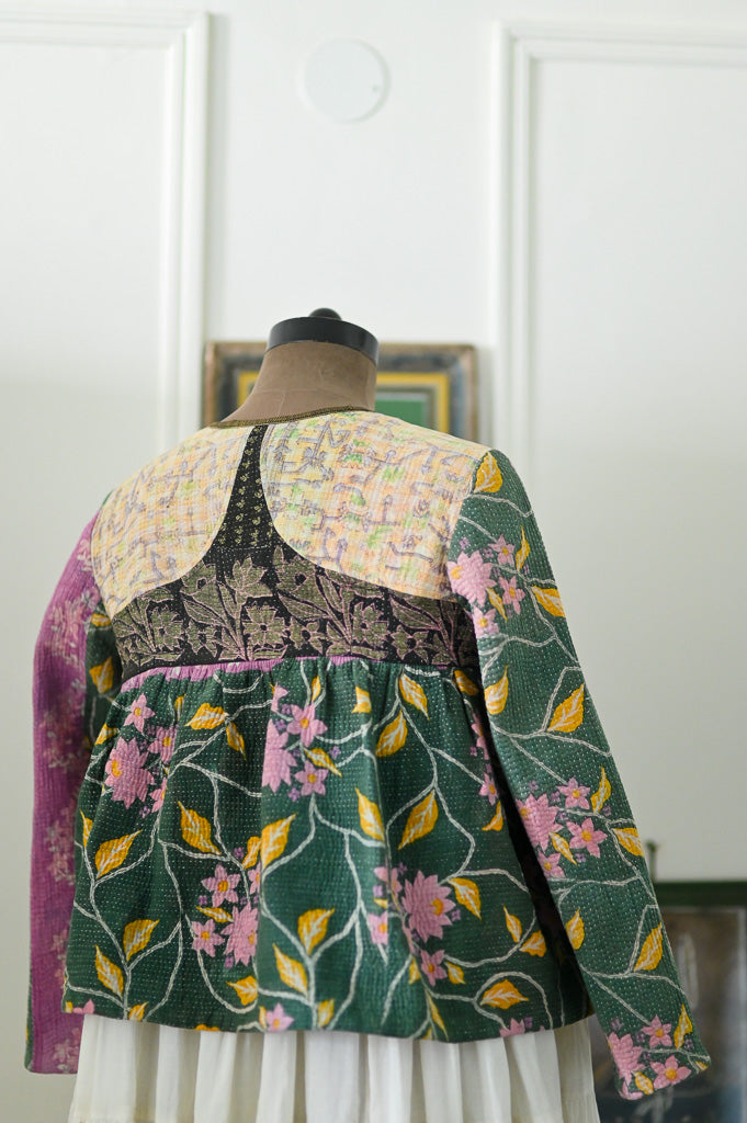 Yemen, Vintage Kantha, Flared Boho Jacket with Vintage Embroidery, XL