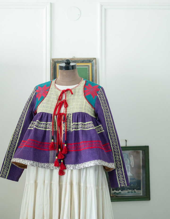 Large, Budapest, Vintage Kantha, Flared Boho Jacket with Vintage Embroidery kinche Rare - kinchecom