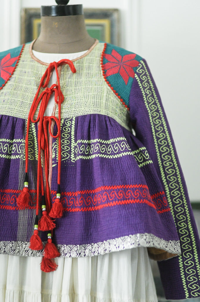 Large, Budapest, Vintage Kantha, Flared Boho Jacket with Vintage Embroidery kinche Rare - kinchecom