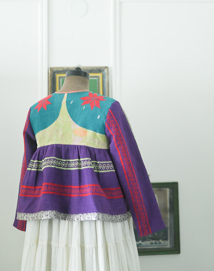Large, Budapest, Vintage Kantha, Flared Boho Jacket with Vintage Embroidery kinche Rare - kinchecom