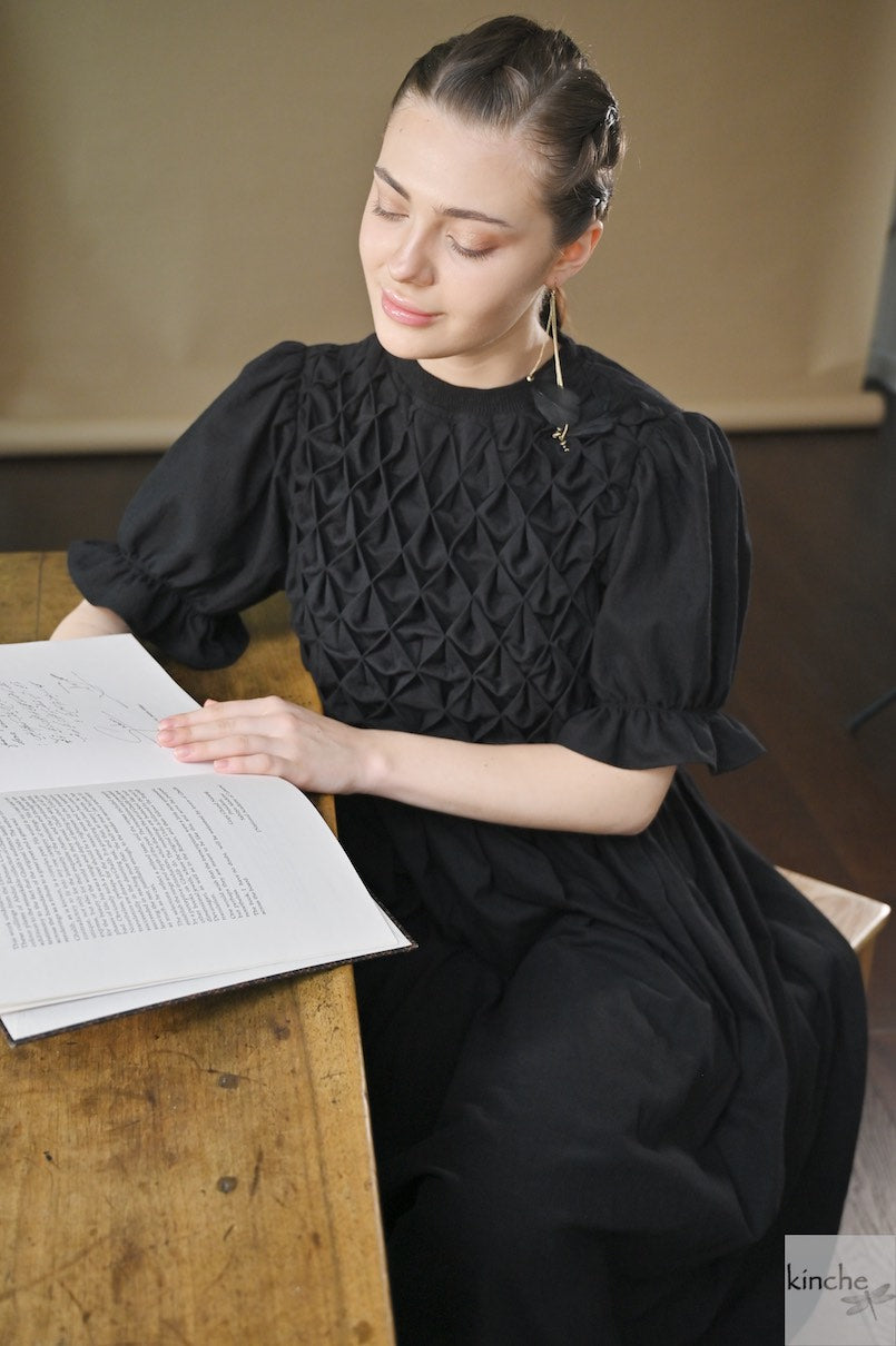 Zinnia Black, Hand Smocked, Khadi Knee lenght Dress, Handmade - kinchecom
