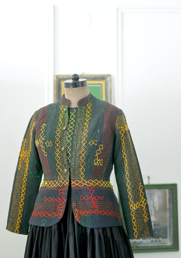 Yolando, Small, Hand Embroidered Vintage Kantha Quilt, Up Cycled in a Short Jacket