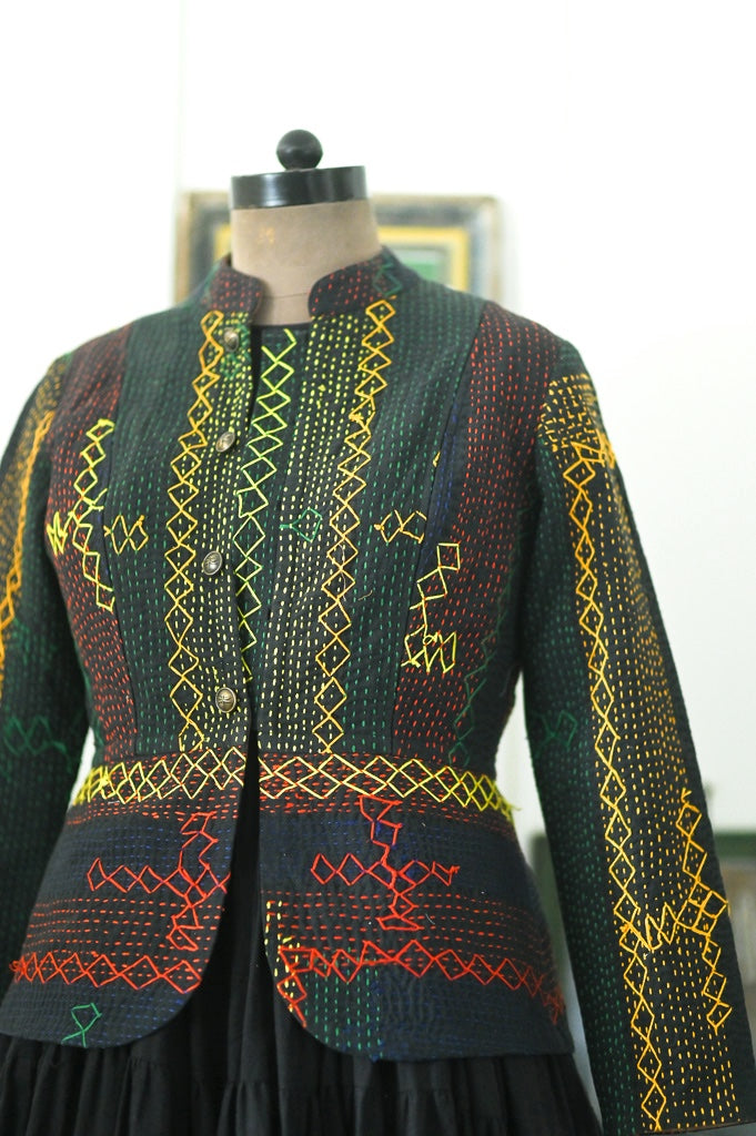 Yolando, Small, Hand Embroidered Vintage Kantha Quilt, Up Cycled in a Short Jacket
