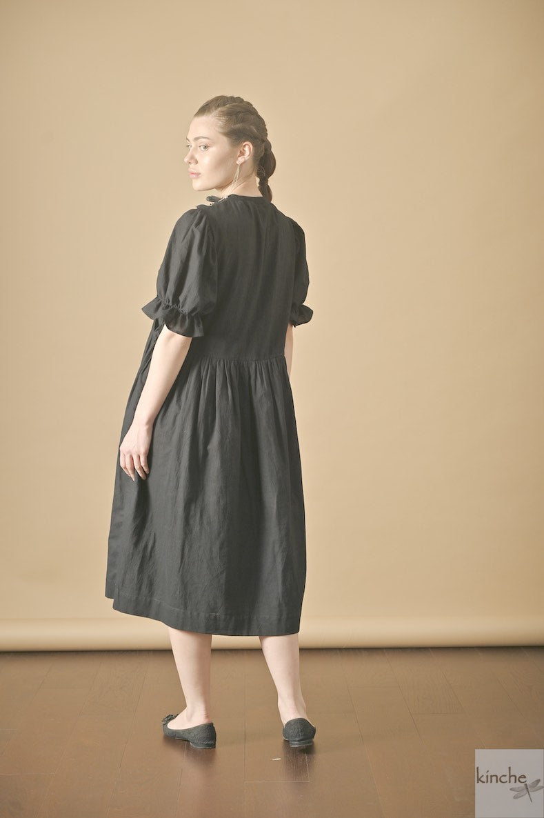 Zinnia Black, Hand Smocked, Khadi Knee lenght Dress, Handmade - kinchecom