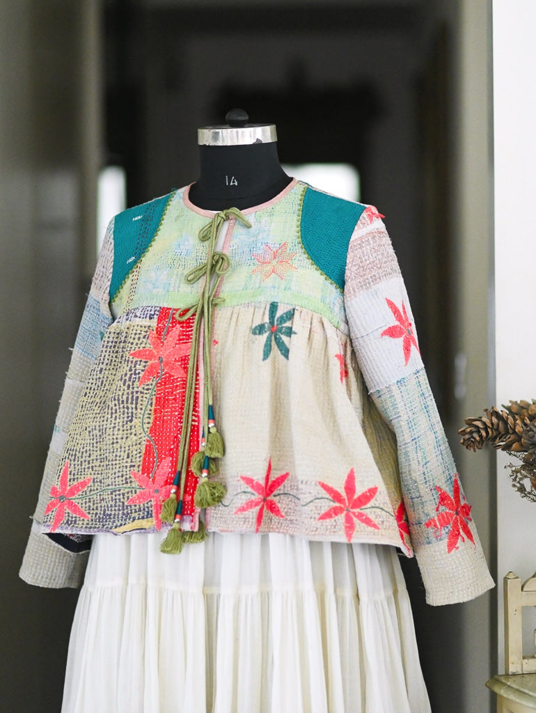 Large, Melbourne, Vintage Kantha, Flared Boho Jacket with Vintage Embroidery, kinche Rare*