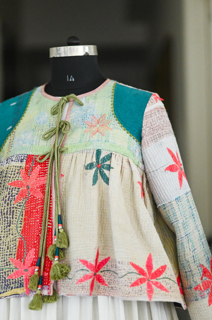 Large, Melbourne, Vintage Kantha, Flared Boho Jacket with Vintage Embroidery, kinche Rare*