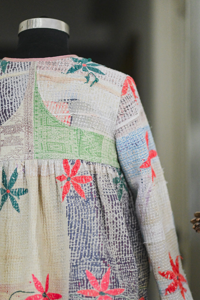 Large, Melbourne, Vintage Kantha, Flared Boho Jacket with Vintage Embroidery, kinche Rare*
