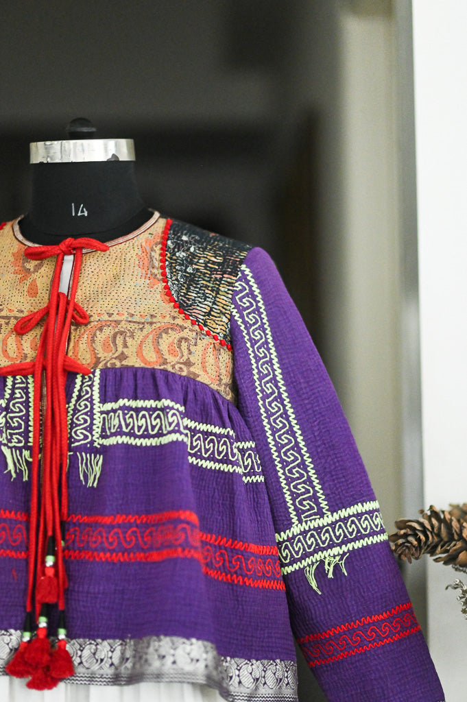 Large, Paris, Vintage Kantha, Flared Boho Jacket with Vintage Embroidery, kinche Rare*