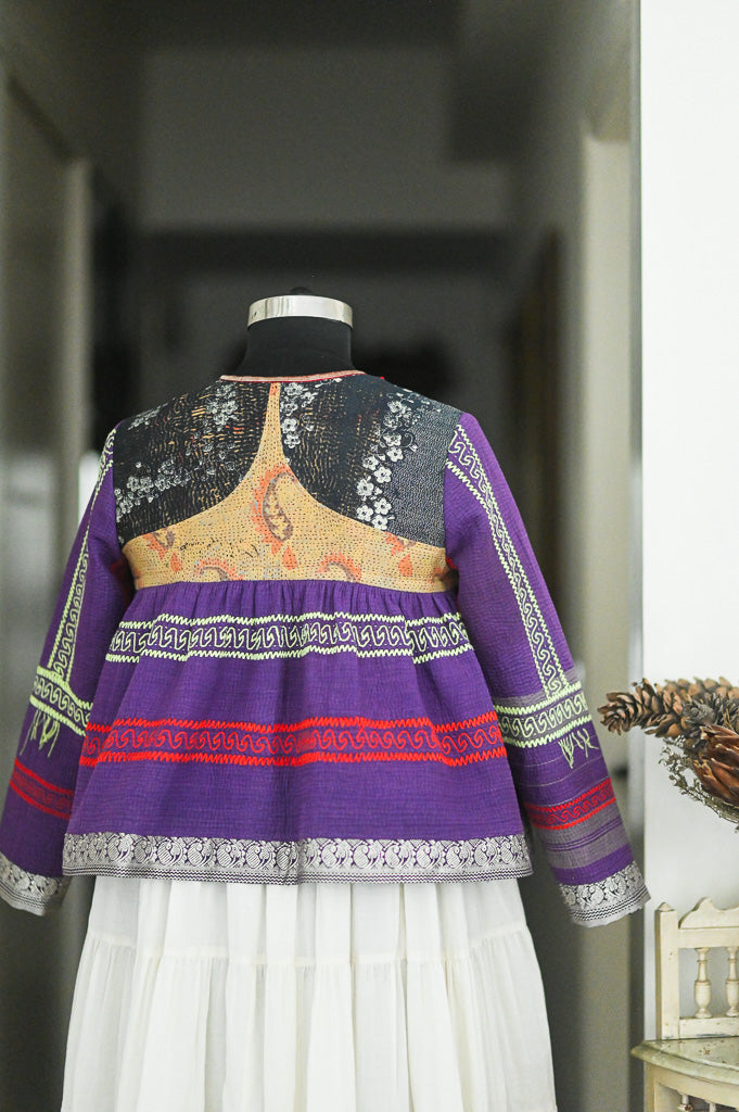 Large, Paris, Vintage Kantha, Flared Boho Jacket with Vintage Embroidery, kinche Rare*