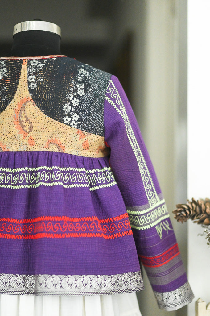 Large, Paris, Vintage Kantha, Flared Boho Jacket with Vintage Embroidery, kinche Rare*