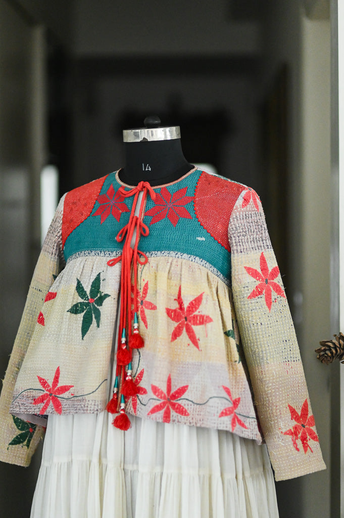 Large, Vienna, Vintage Kantha, Flared Boho Jacket with Vintage Embroidery, kinche Rare*