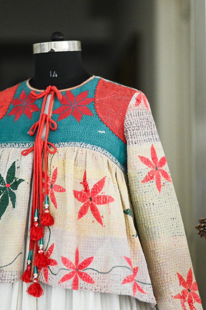 Large, Vienna, Vintage Kantha, Flared Boho Jacket with Vintage Embroidery, kinche Rare*