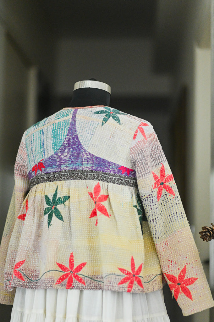 Large, Vienna, Vintage Kantha, Flared Boho Jacket with Vintage Embroidery, kinche Rare*