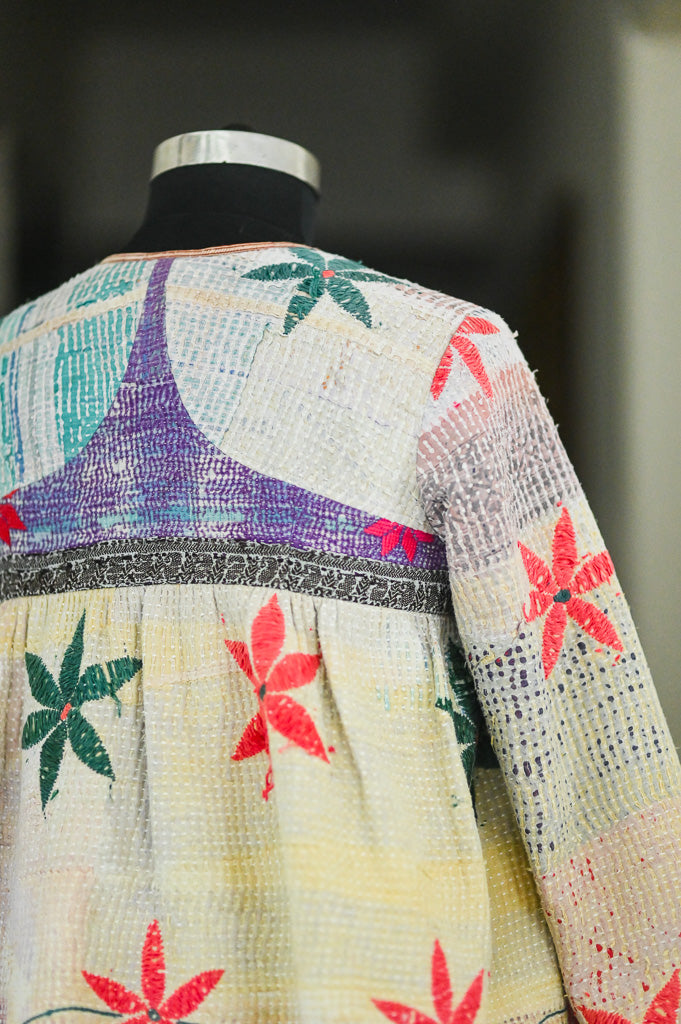 Large, Vienna, Vintage Kantha, Flared Boho Jacket with Vintage Embroidery, kinche Rare*