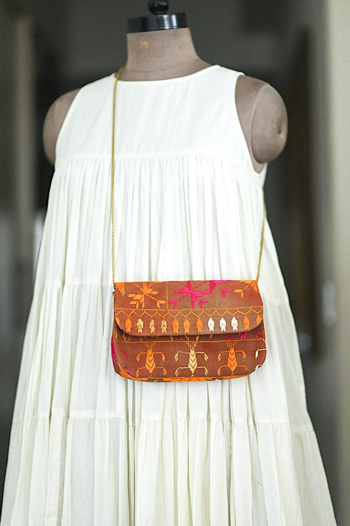 Prisha, Notebook Clutch made with Vintage Phulkari Bagh &amp; brass Chain
