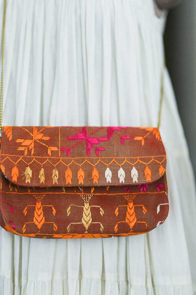 Prisha, Notebook Clutch made with Vintage Phulkari Bagh &amp; brass Chain