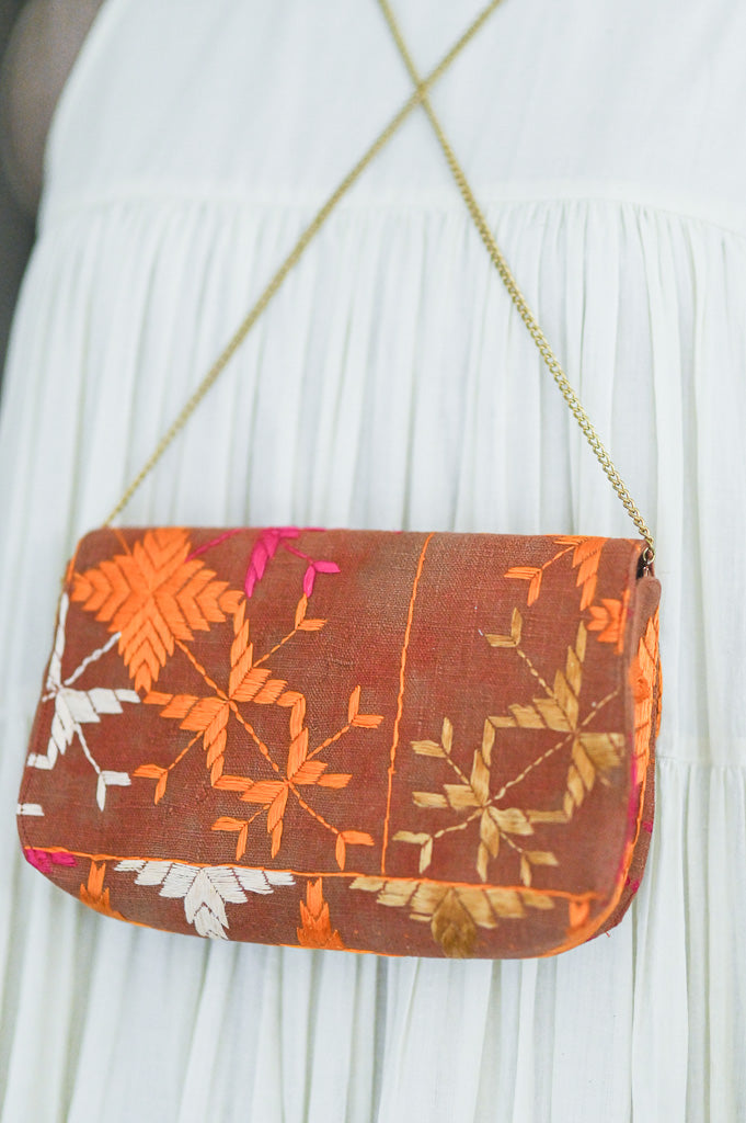 Prisha, Notebook Clutch made with Vintage Phulkari Bagh &amp; brass Chain