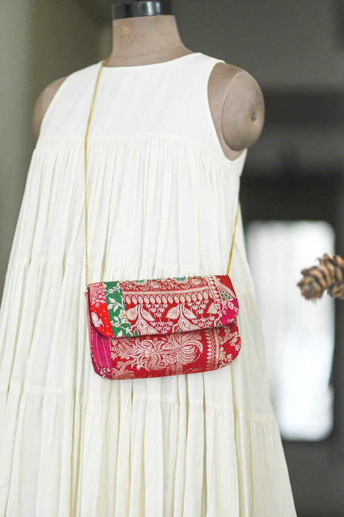 Gulab 2, Vintage Zari Katan Silk Patchwork Saree, Notebook Clutch - kinchecom
