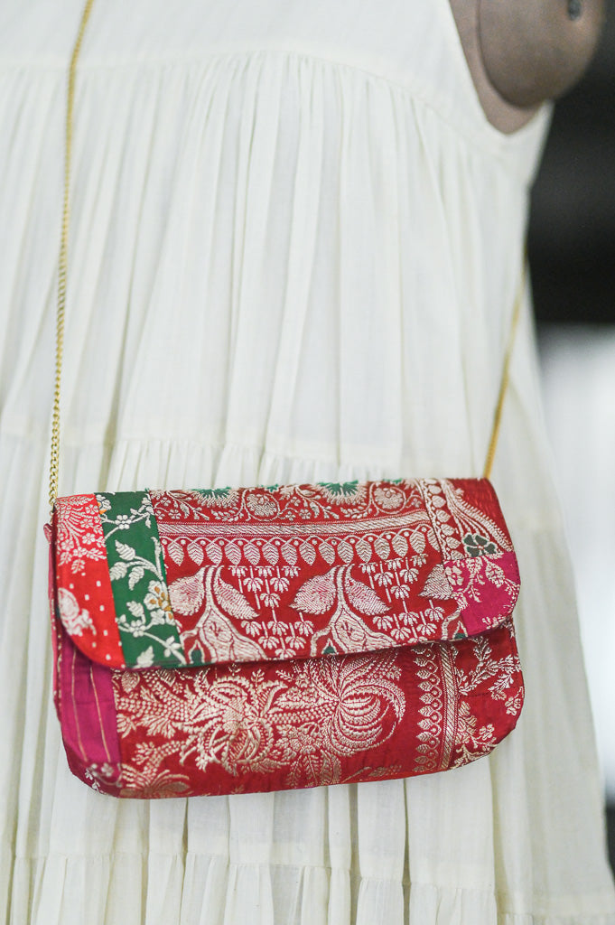 Gulab 2, Vintage Zari Katan Silk Patchwork Saree, Notebook Clutch - kinchecom