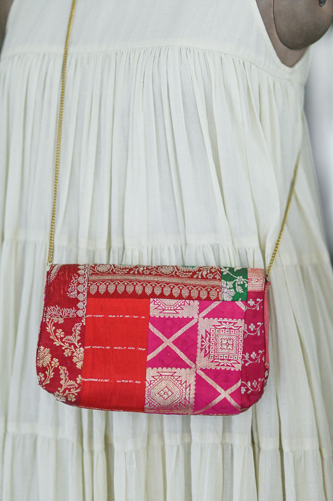 Gulab 2, Vintage Zari Katan Silk Patchwork Saree, Notebook Clutch - kinchecom