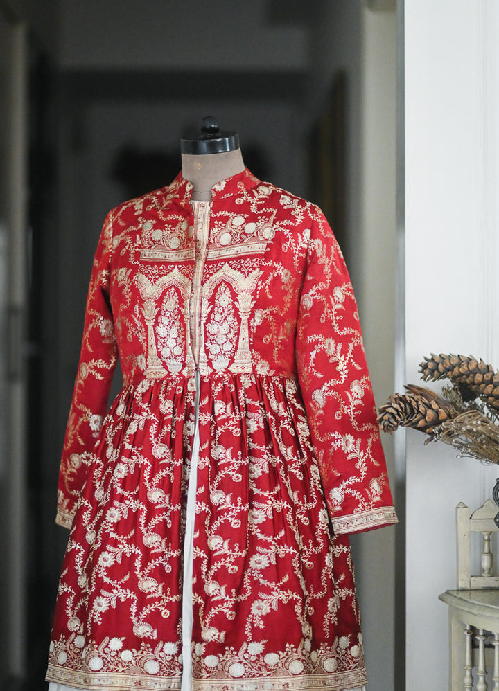 Vrinda, Vintage Zari Saree Up Cycled Long Jacket in Vintage Silver and Deep Red, M &amp; L