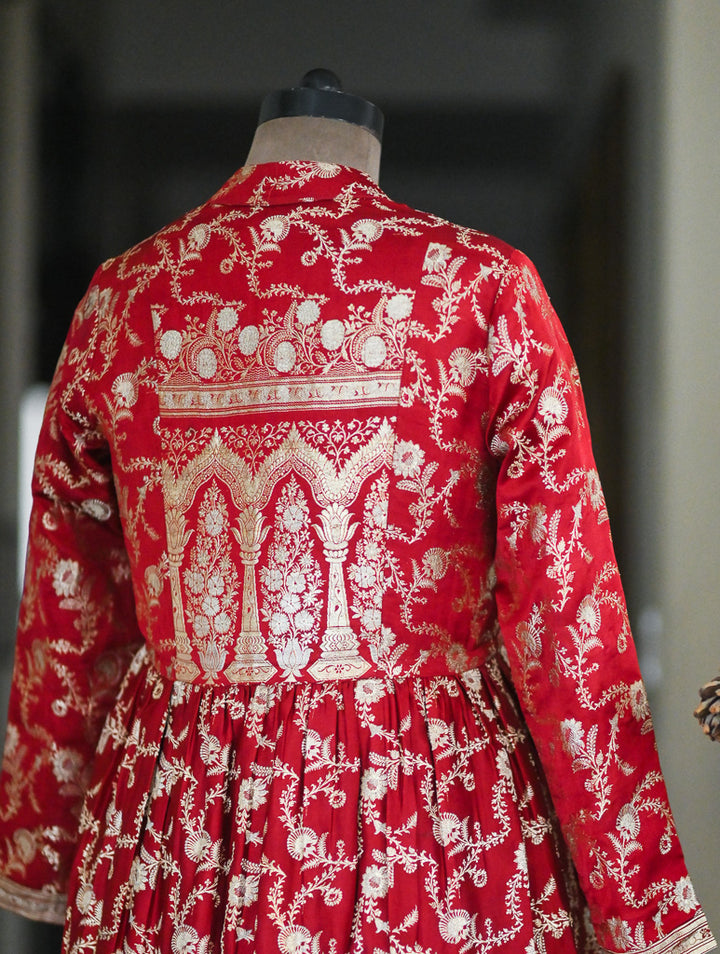 Vrinda, Vintage Zari Saree Up Cycled Long Jacket in Vintage Silver and Deep Red, M &amp; L