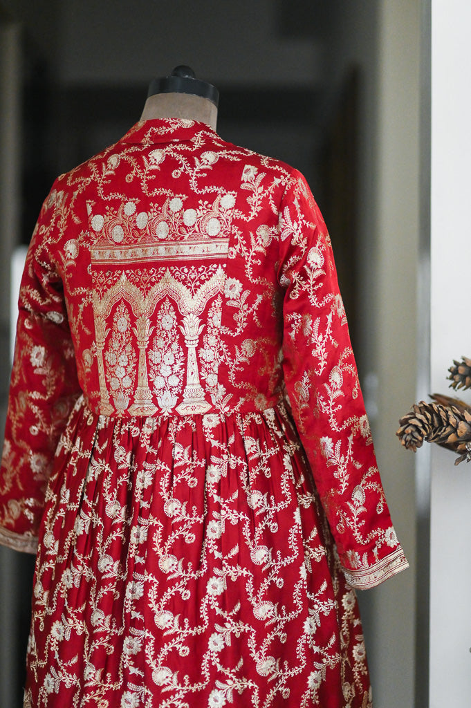 Vrinda, Vintage Zari Saree Up Cycled Long Jacket in Vintage Silver and Deep Red, M &amp; L