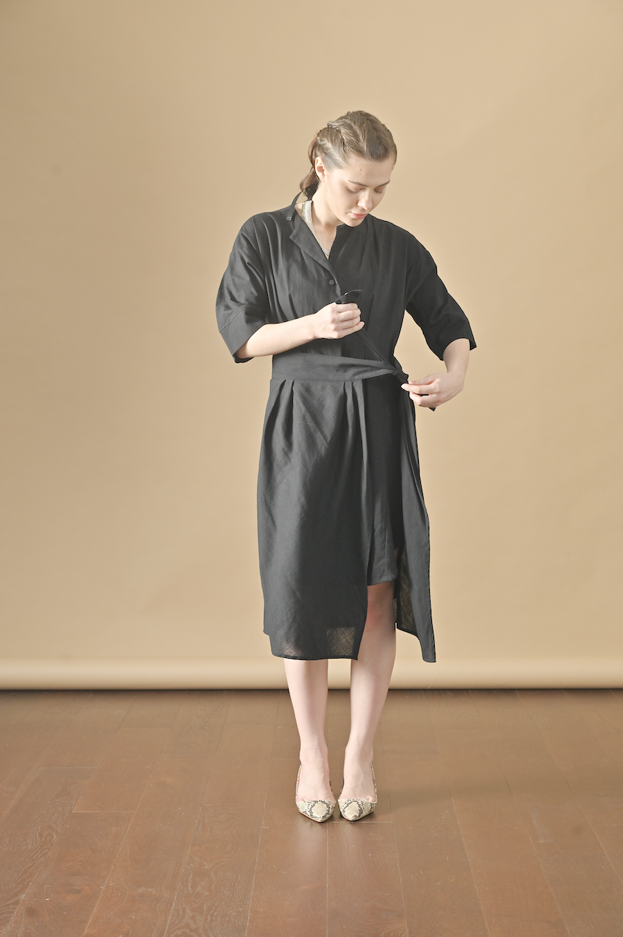 Aster, Khadi  Wrap Shirt Dress in Black - kinchecom