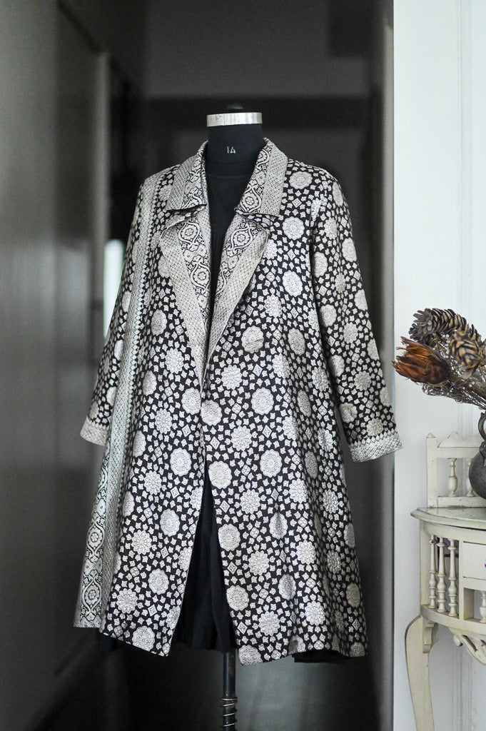 Jama 39, Long Robe Style Coat made with Vintage Zari Silk  Saree in Black and Vintage Silver