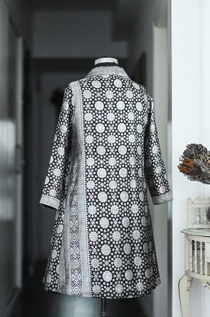 Jama 39, Long Robe Style Coat made with Vintage Zari Silk  Saree in Black and Vintage Silver