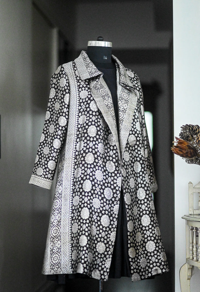 Jama 39, Long Robe Style Coat made with Vintage Zari Silk  Saree in Black and Vintage Silver