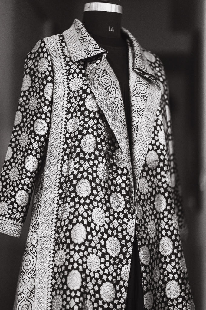 Jama 39, Long Robe Style Coat made with Vintage Zari Silk  Saree in Black and Vintage Silver